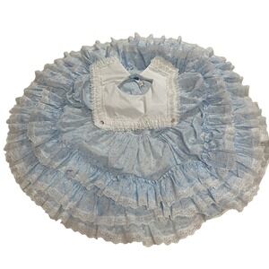 Vintage Golden Age Formal Dress Size 8 Blue & White Ruffled Lace Round Tiered